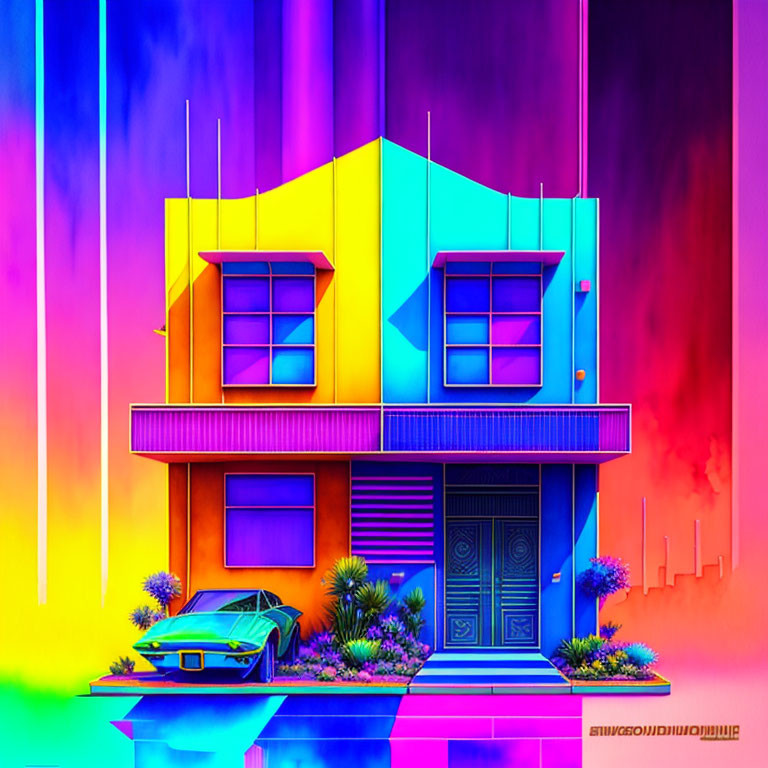 Neon-colored modern house with retro car on psychedelic background