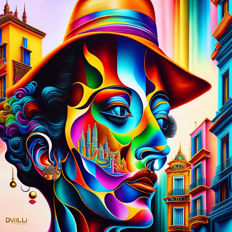 Colorful digital artwork: Stylized woman's face in vibrant hues against abstract cityscape with Spanish