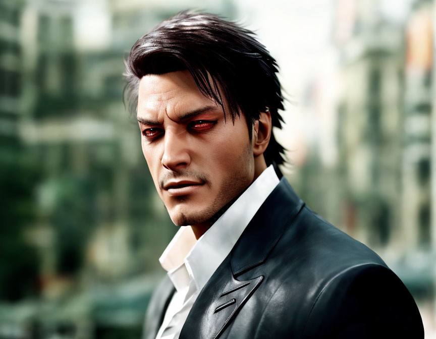 Man with scarred face, red eyes, black suit, white shirt in CG image