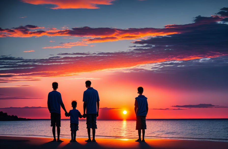 Family watching vibrant beach sunset holding hands