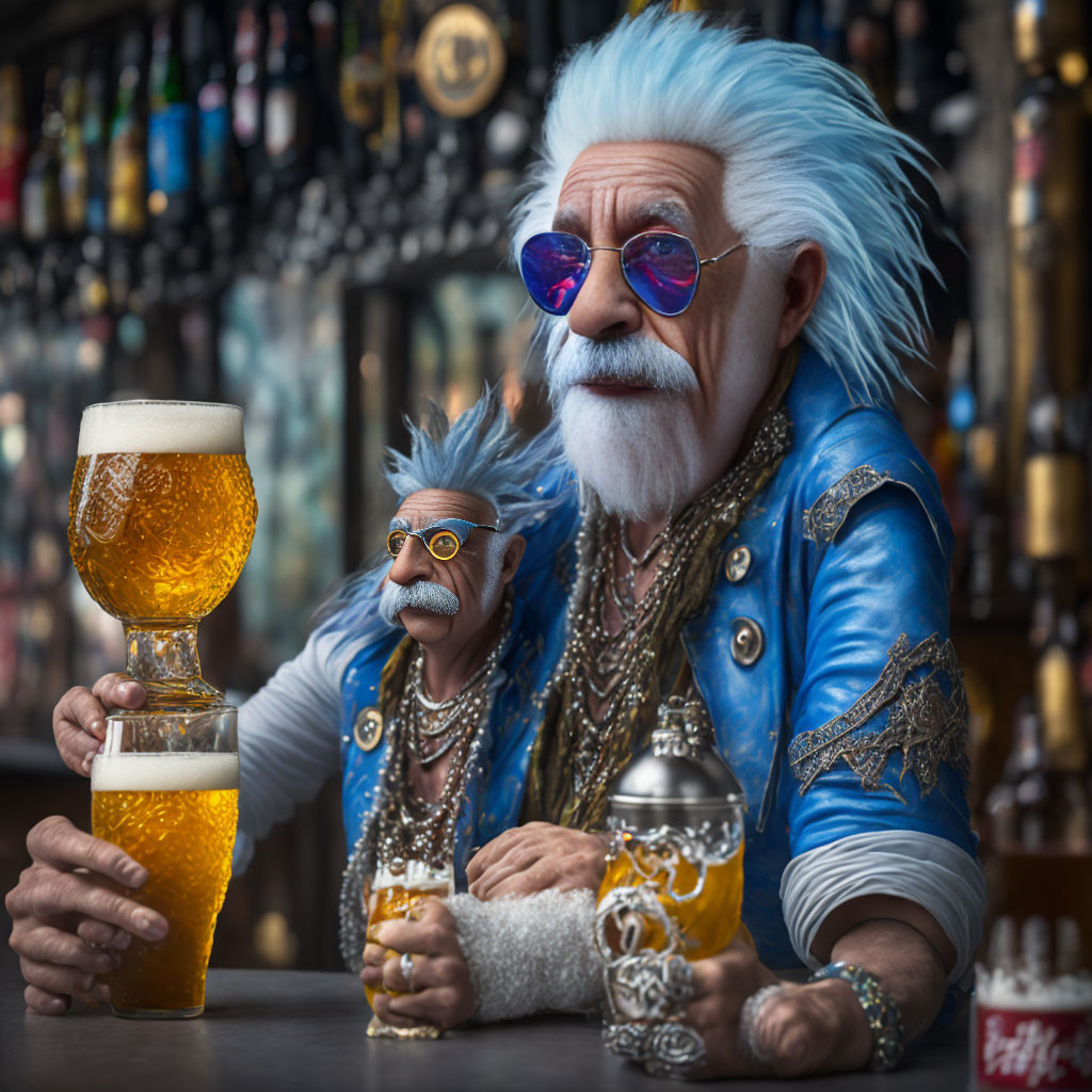 Elderly animated characters with blue jackets and funky glasses at a bar