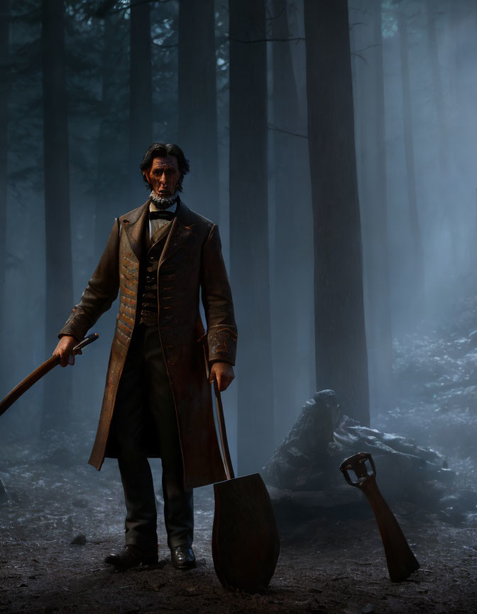 Mysterious man in historical clothing with shovel and axe in foggy forest