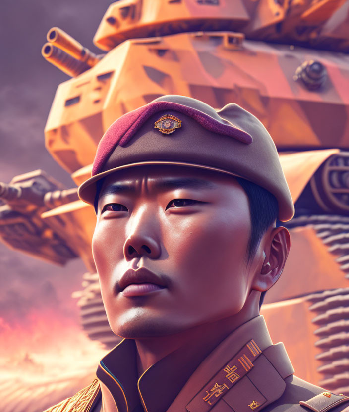 Digital artwork of Asian soldier in uniform with beret among futuristic tanks under dusky sky