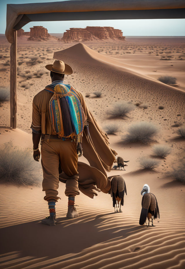 Person in hat and trench coat walking with four dogs in sandy desert with rock formations and clear sky.