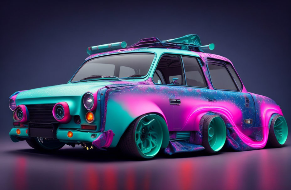 Colorful Retro-Modified Station Wagon with Custom Wheels