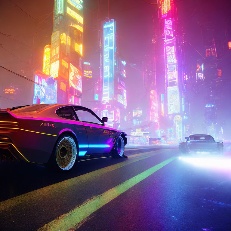 Futuristic neon-highlighted car in cyberpunk cityscape