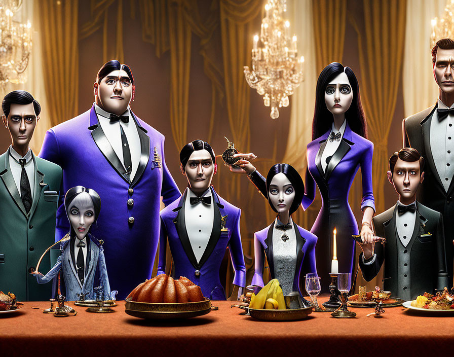 Stylized animated family in formal attire at opulent dining table