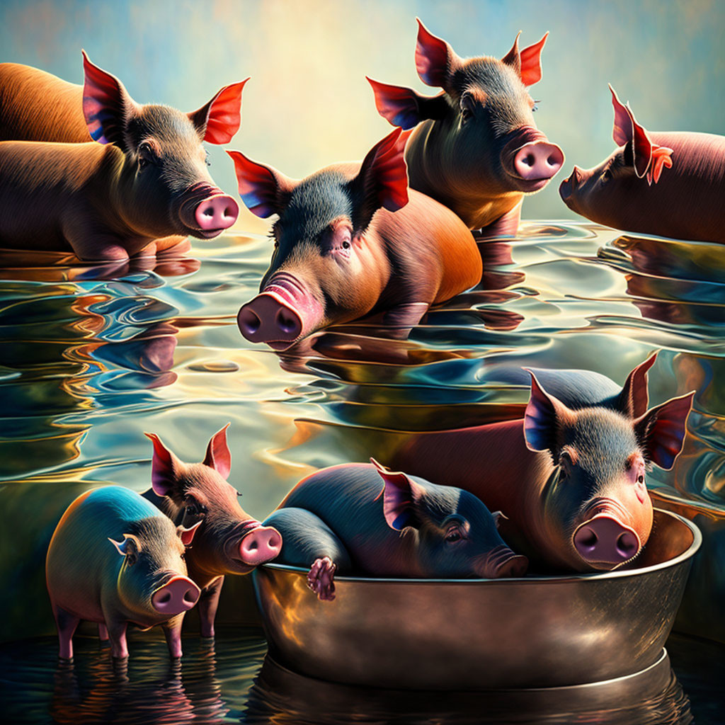 Various Sizes Pigs Floating and Lounging in Water