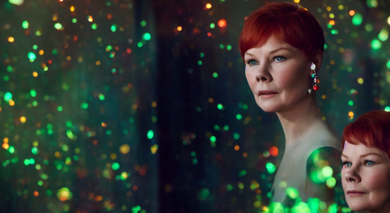 Red-haired woman gazing contemplatively with multicolored bokeh lights.