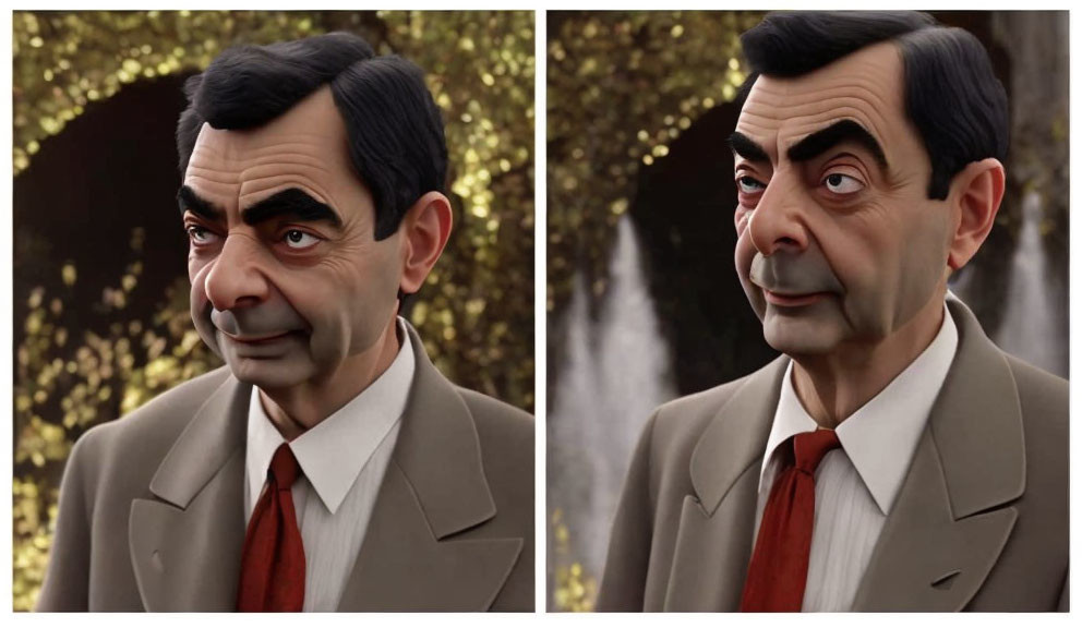 3D-animated character in brown suit with white shirt and dark hair