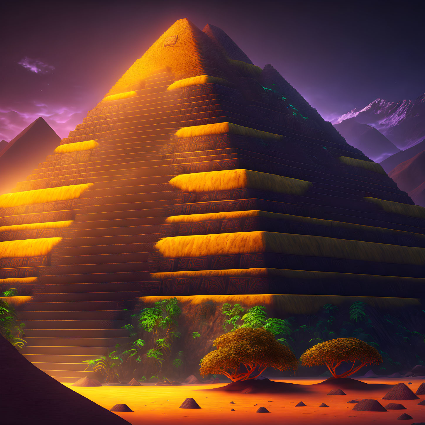 Mystical golden pyramid in lush dusk setting