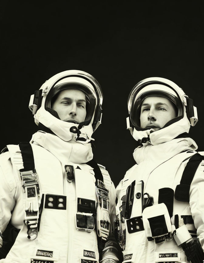 Two astronauts in space suits with helmets, looking to the side, against dark background