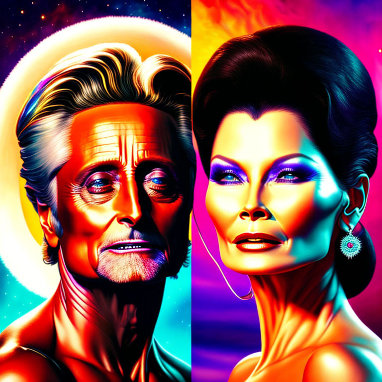 Colorful digital artwork of man and woman with exaggerated features and vibrant lighting