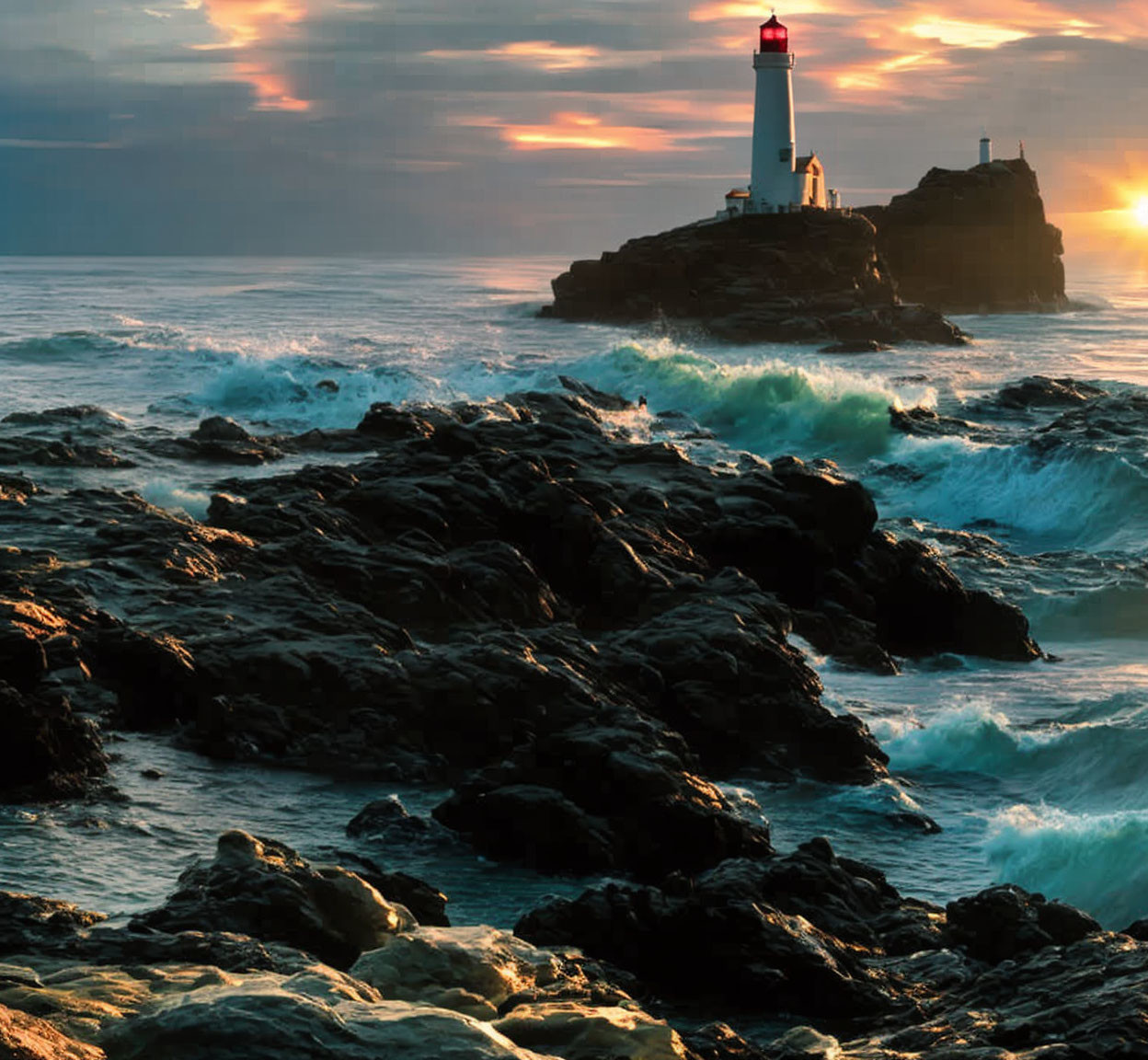 Sunset view of lighthouse on rocky outcrop by crashing waves