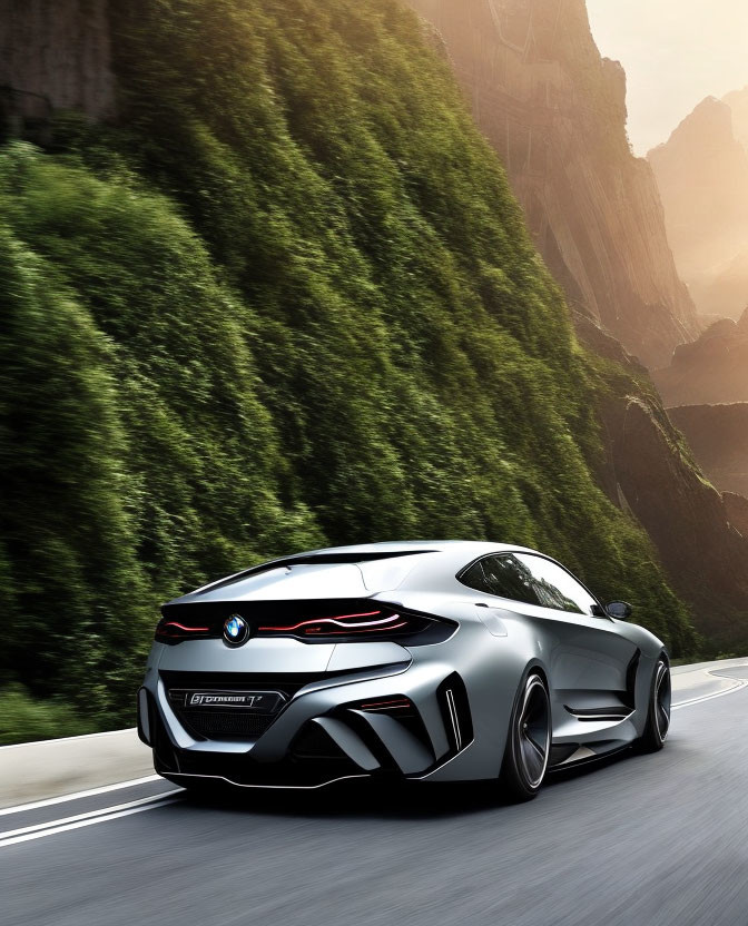 Luxury BMW sports car on scenic winding road with greenery and cliffs.