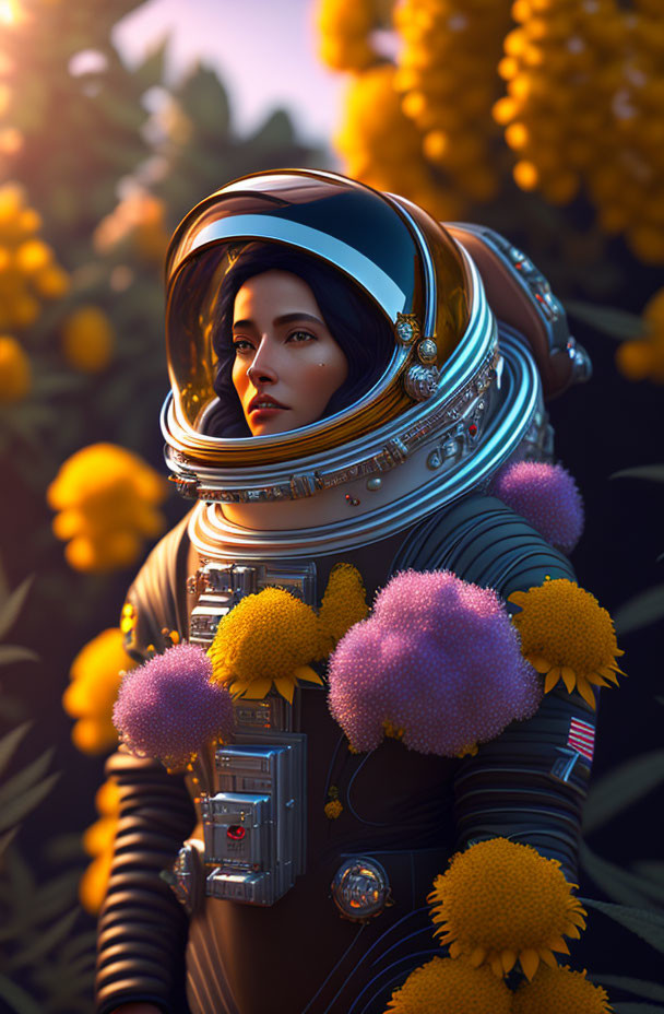 Astronaut in Gold-Tinted Helmet Surrounded by Purple and Yellow Flora