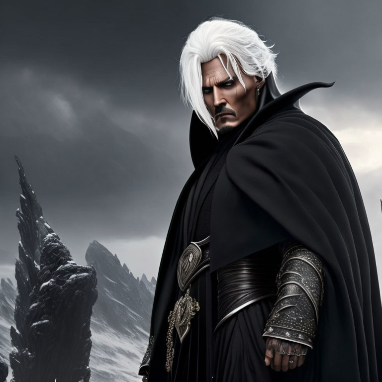 White-haired figure in black cloak in snowy landscape with dark mountain