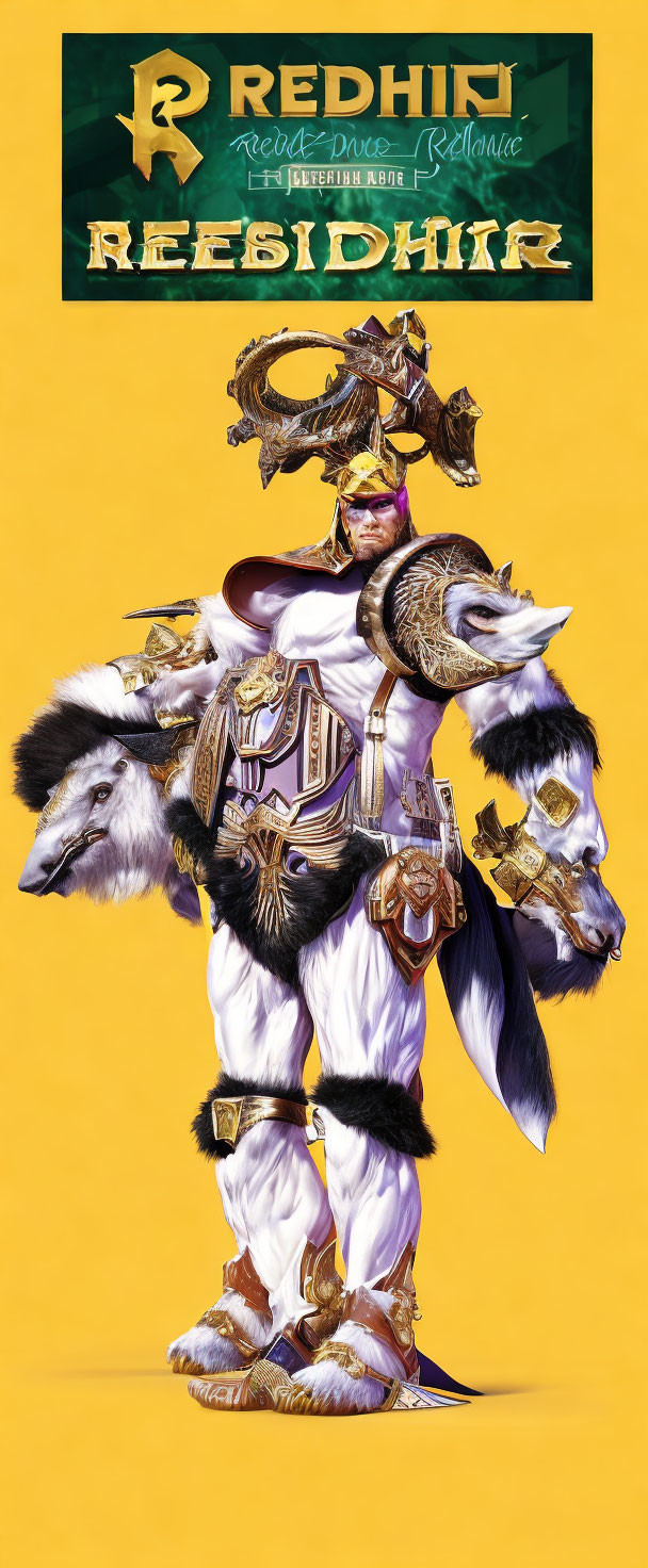 Fictional warrior in purple armor wields axe on yellow backdrop