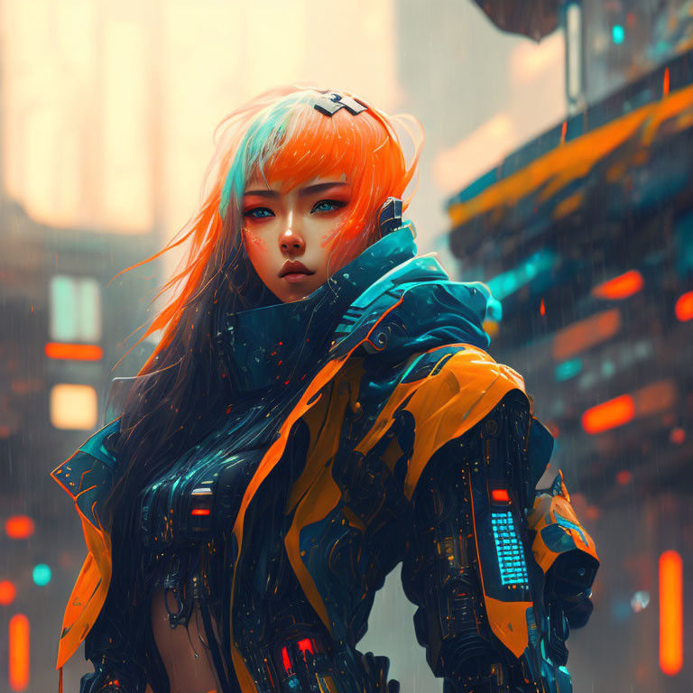 Futuristic woman with blue hair in cyberpunk cityscape