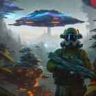 Man and two lions in misty jungle with sci-fi ships and glowing red accents.