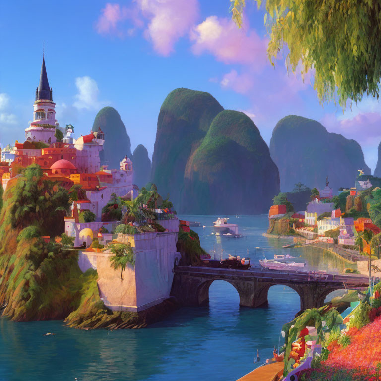 Colorful coastal town with stone bridge, boats, and mountains