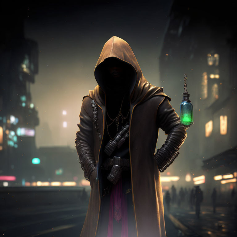 Hooded figure with lantern in futuristic cityscape