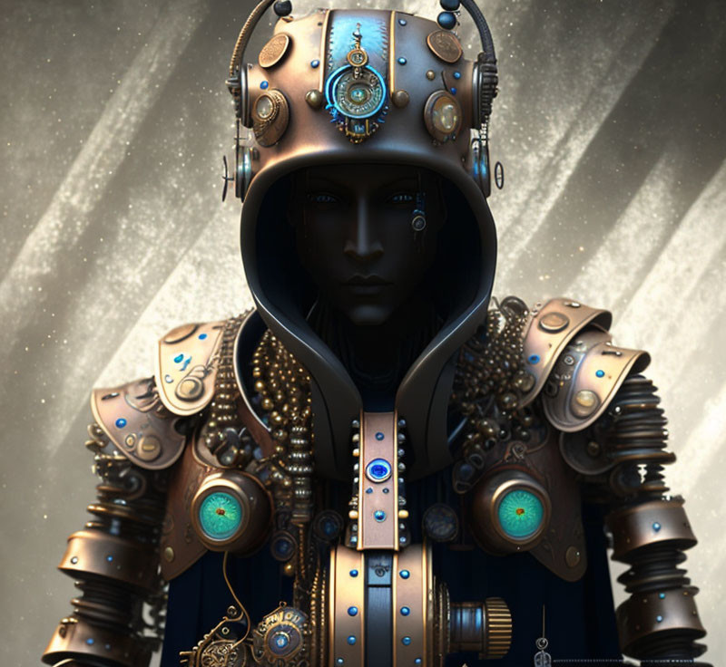 Steampunk-inspired figure in ornate armor with gear-adorned helmet.