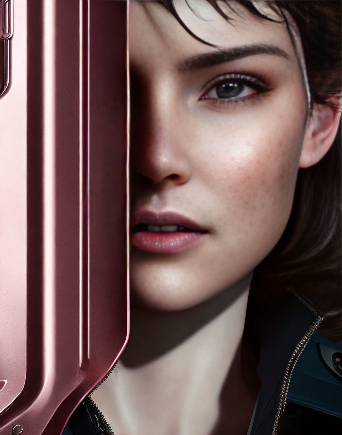 Detailed close-up of woman's face behind pink metallic surface