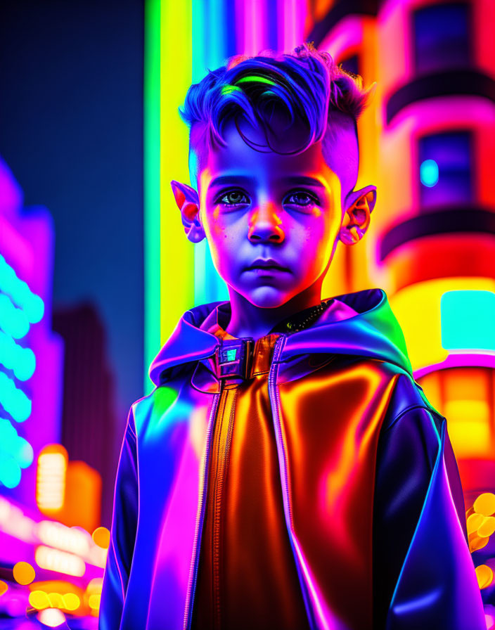 Stylized hair boy in neon-lit city night with shiny jacket