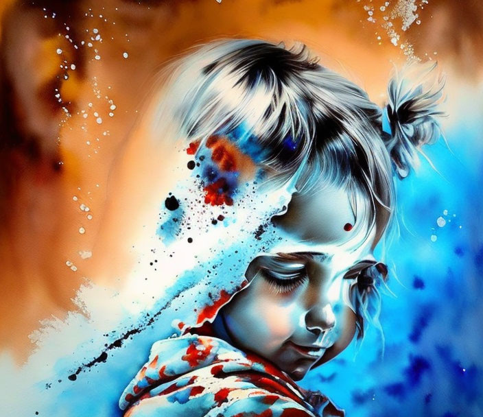 Abstract painting of young girl with blue tones & dynamic splashes