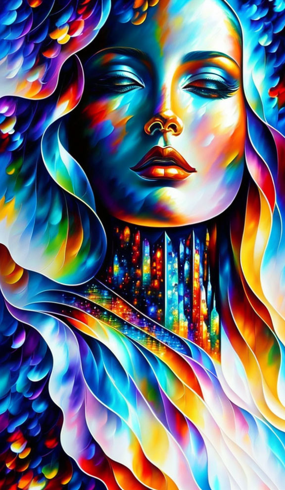 Colorful digital artwork: Woman's face with closed eyes and flowing, feather-like mane.