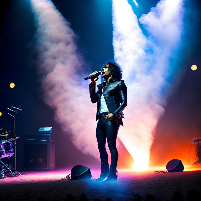 Performer on Stage with Microphone and Blue Lights