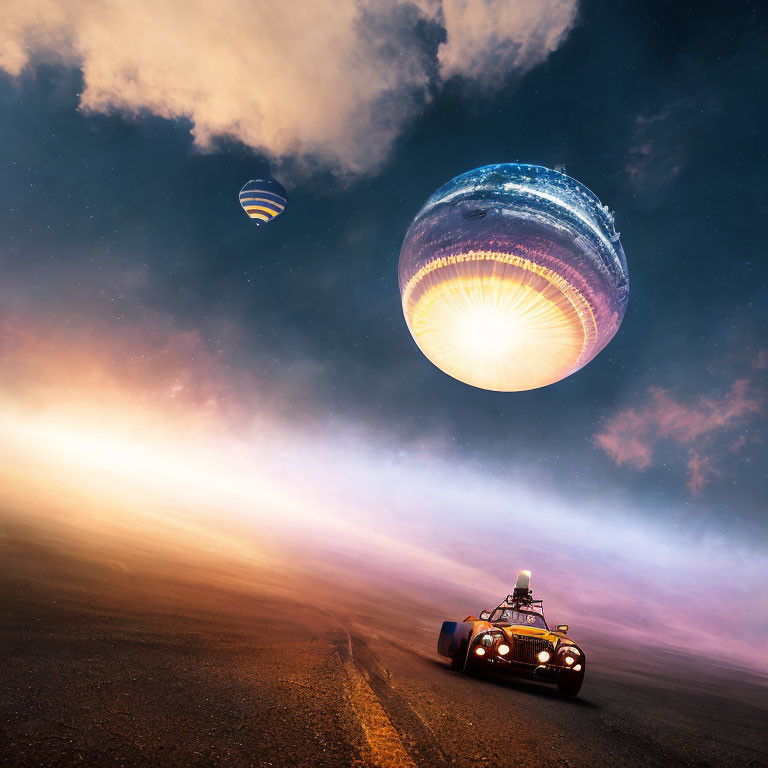 Car driving towards glowing orb in whimsical dusk scene