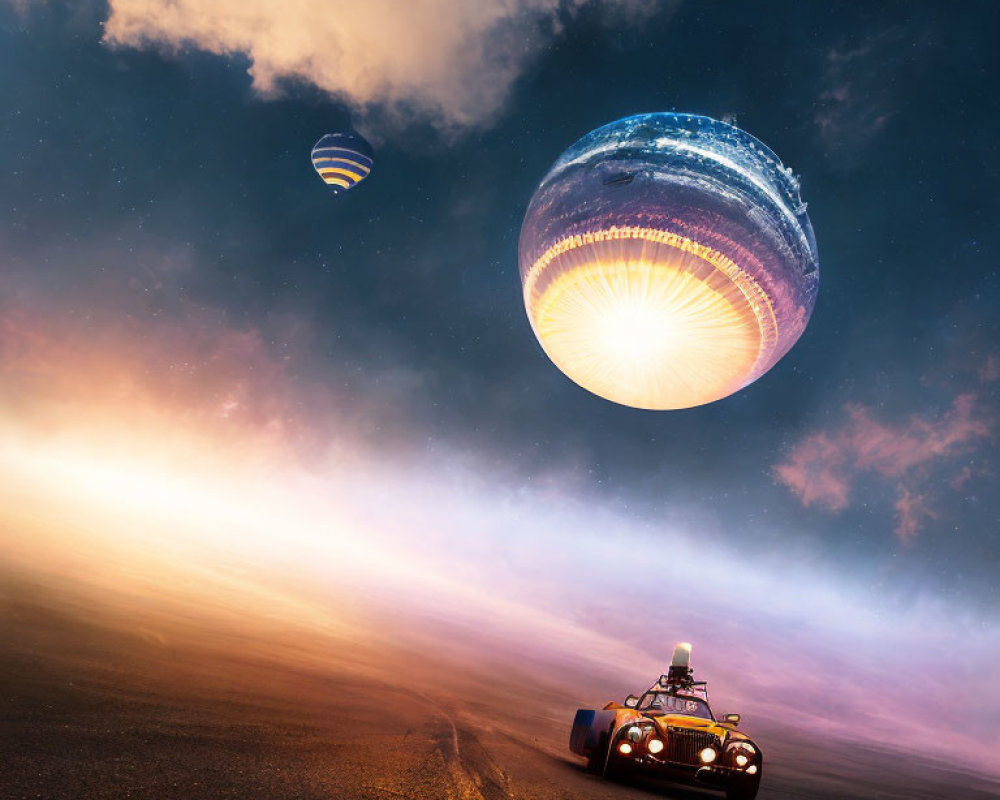 Car driving towards glowing orb in whimsical dusk scene