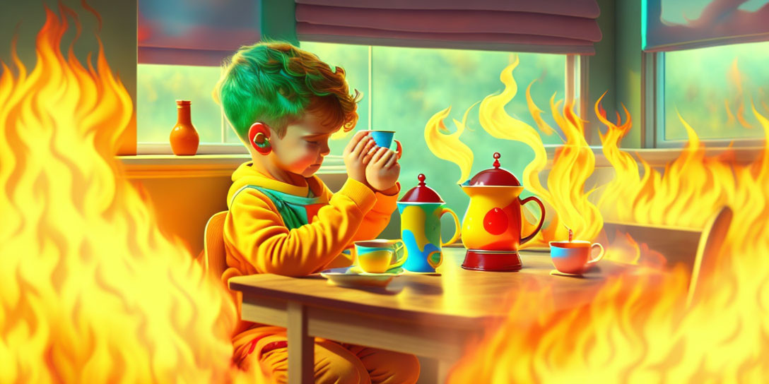 Child sipping from cup amidst fierce flames