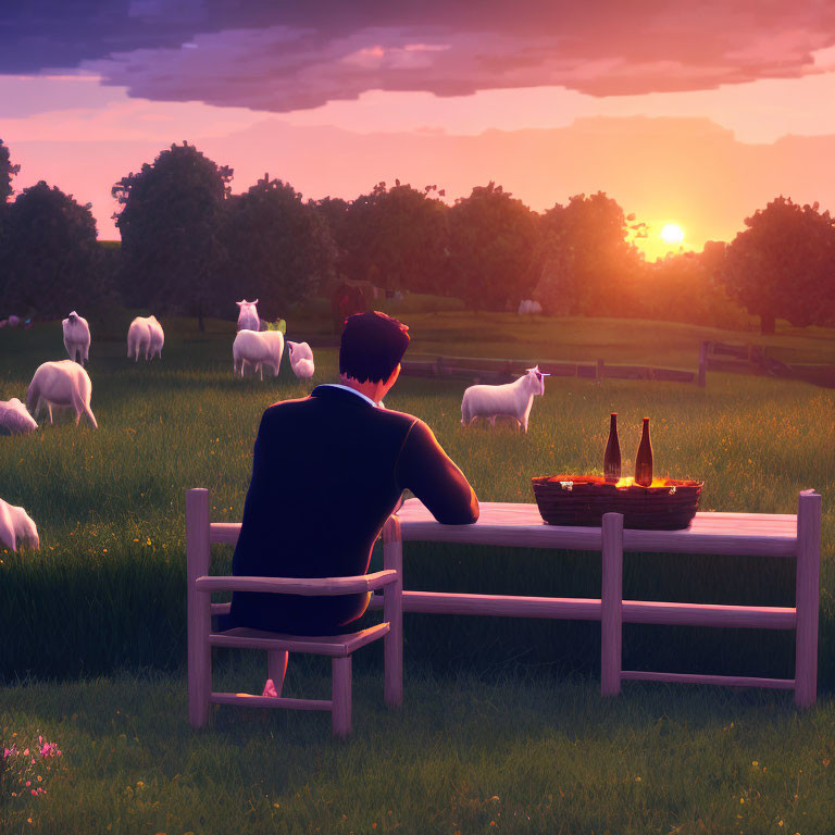 Person Watching Sheep in Field at Sunset with Chessboard and Bottles