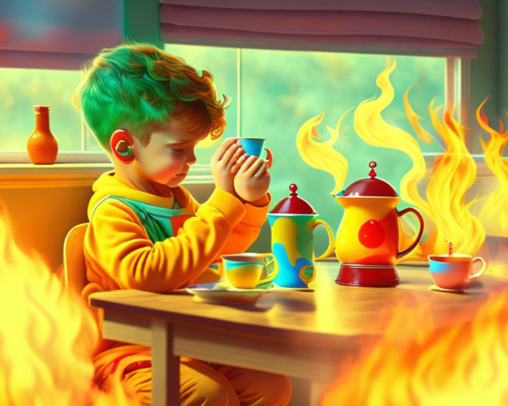 Child sipping from cup amidst fierce flames