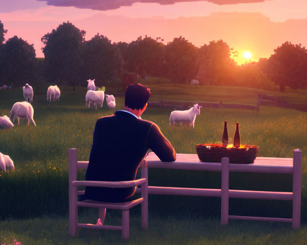 Person Watching Sheep in Field at Sunset with Chessboard and Bottles