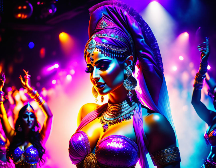 Colorful Stage Lights Illuminate Woman in Ornate Attire