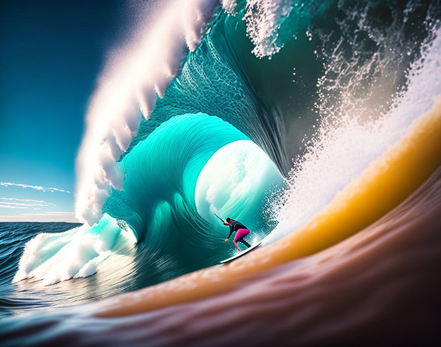 Surfer riding massive blue wave under bright sky