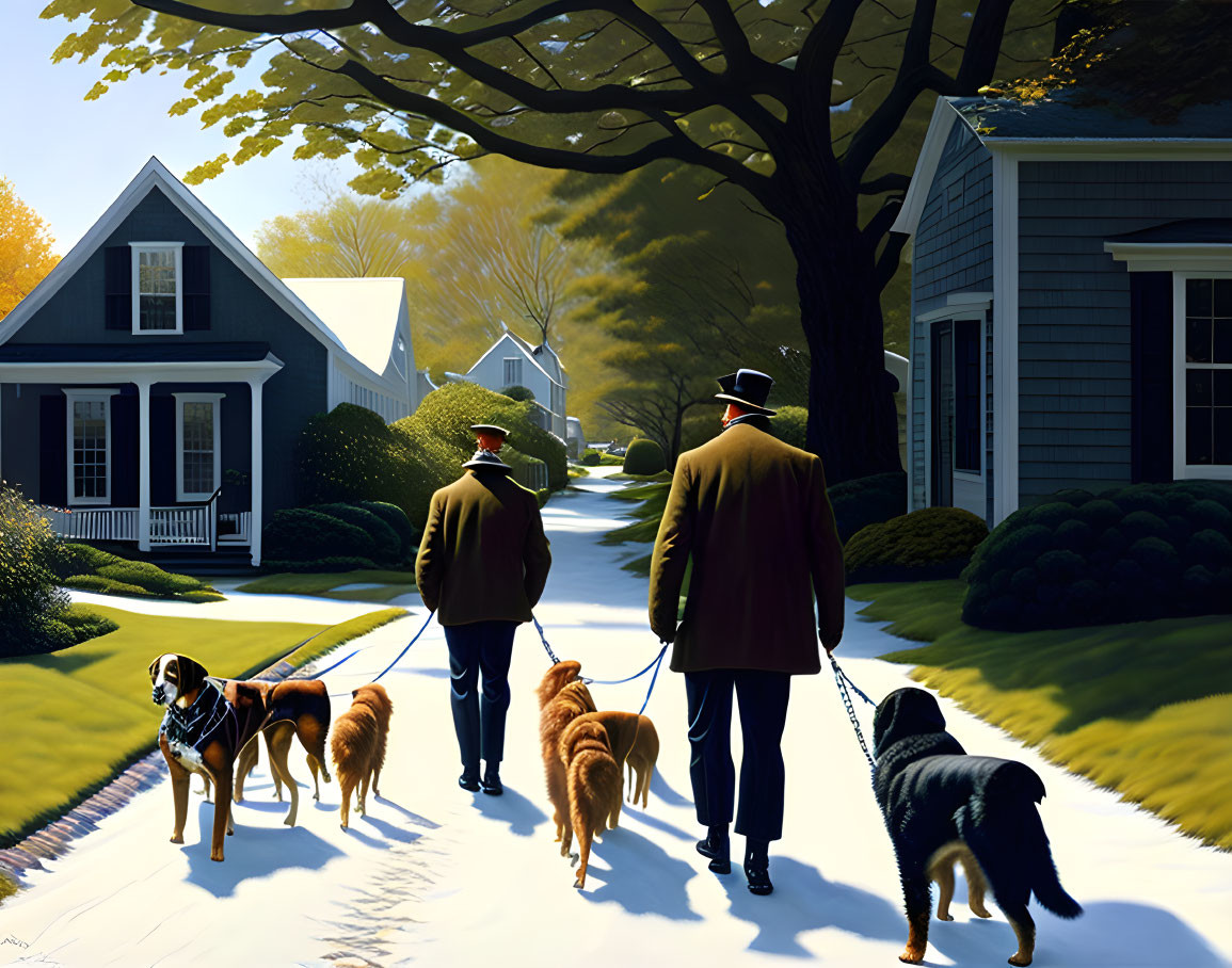 Men in suits walking dogs on sunny suburban street with houses