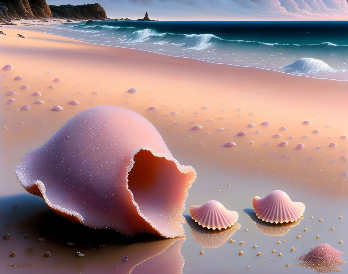 Digital Beach Sunset Scene with Fantasy Shell and Cliff