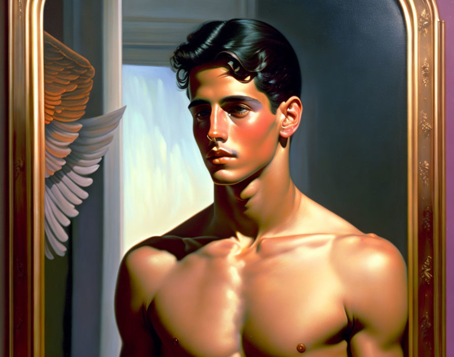 Stylized painting of shirtless man with angel wing in mirror