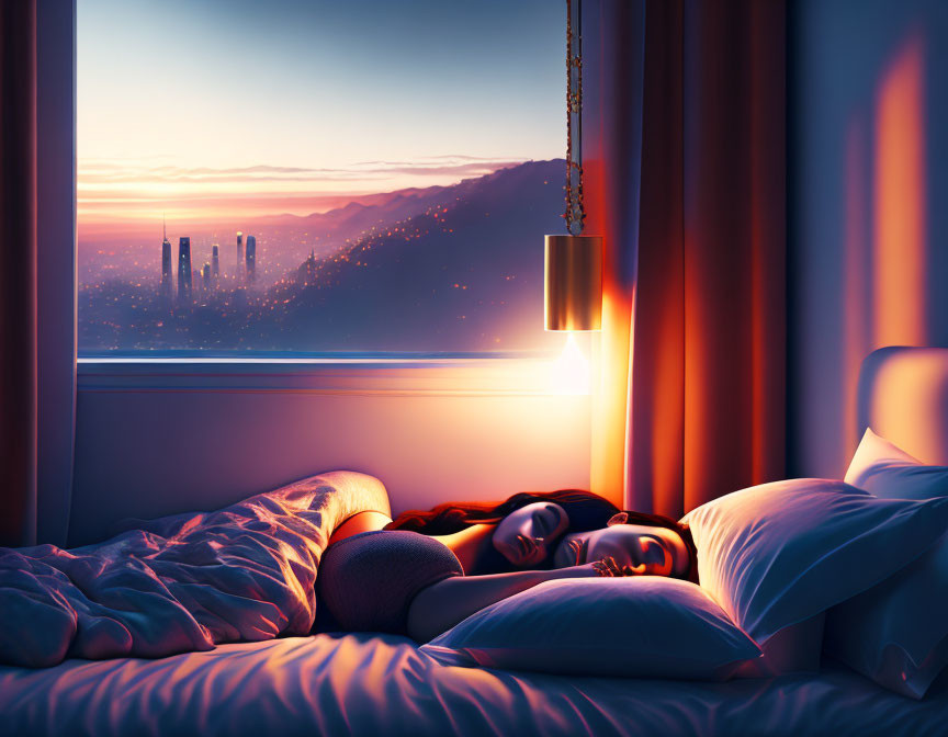 Woman Sleeping in Bed with Cityscape View at Dusk