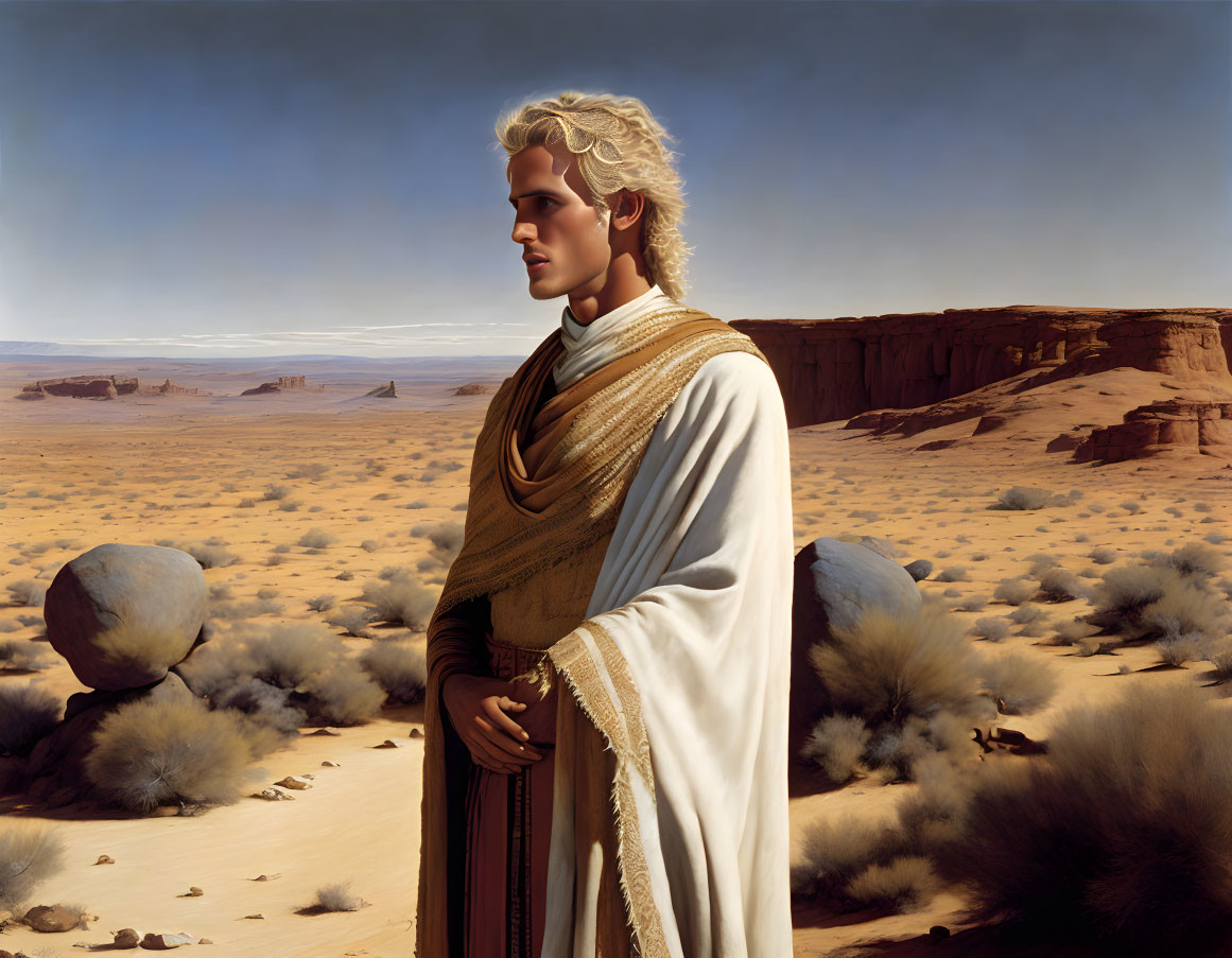 Blond-haired person in desert attire standing in vast rocky desert