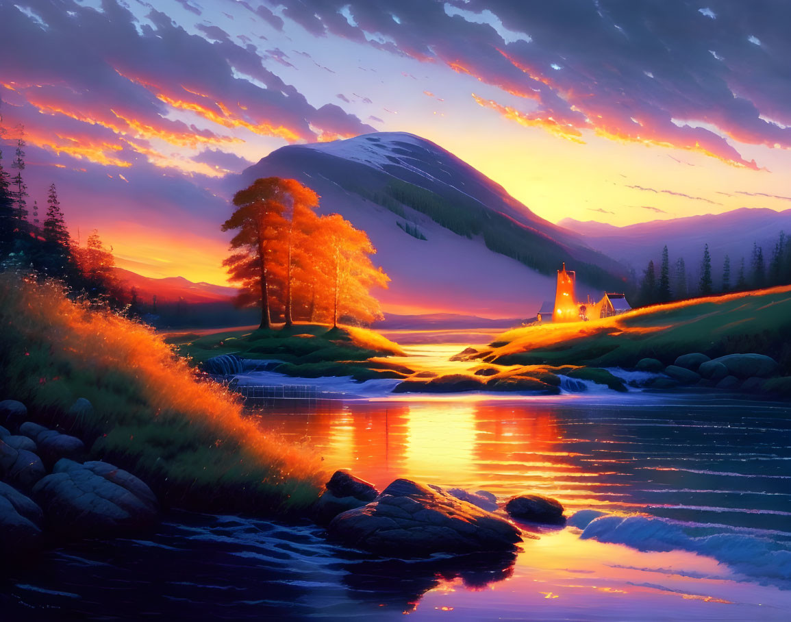 Tranquil sunset landscape with orange and blue sky, reflected in river, house, trees, mountains