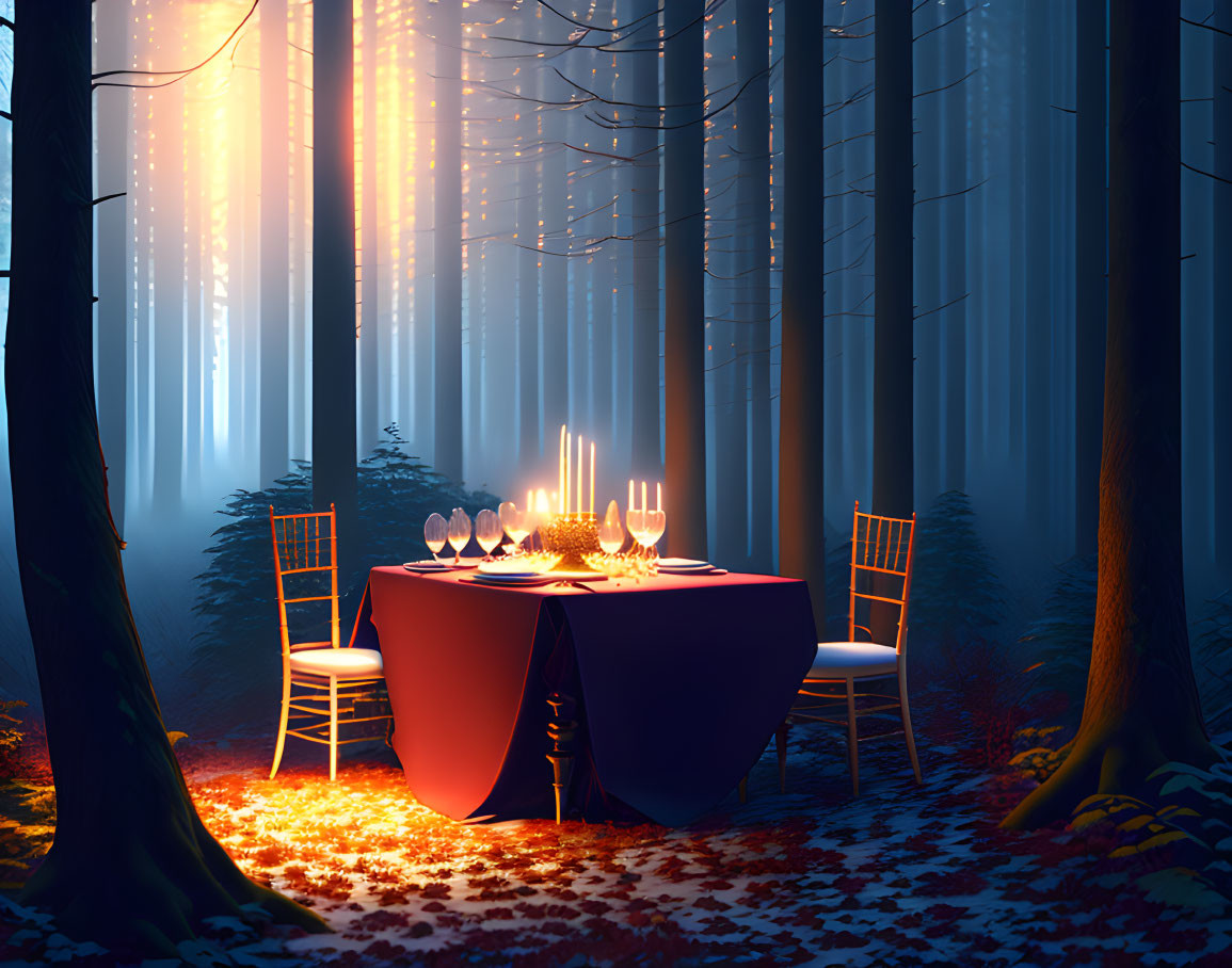 Candlelit dining setup in mystical forest with sunbeams