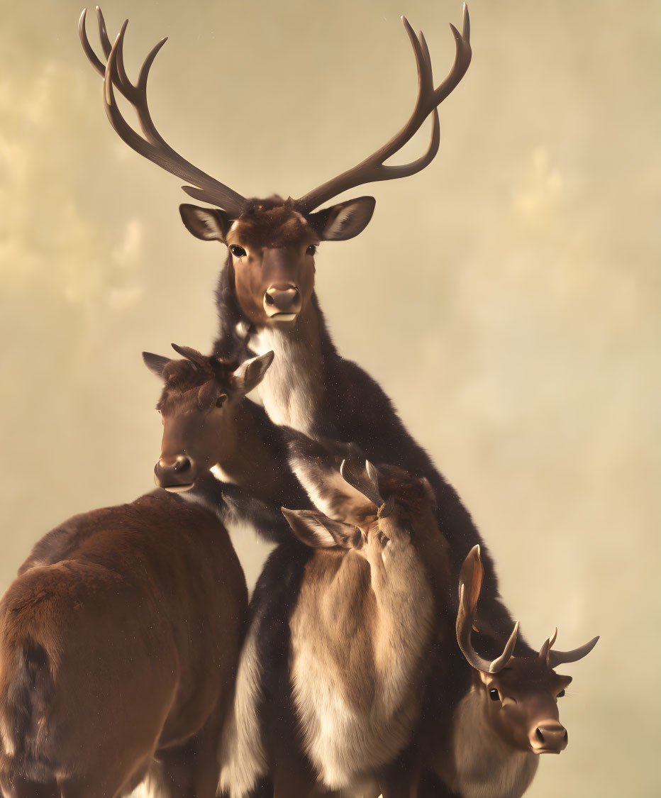 Three deer with prominent antlers under golden sky