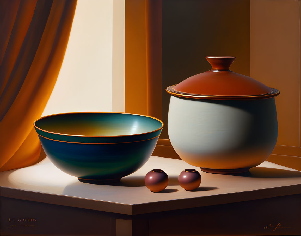 Still life painting with bowl, pot, cups on warm background