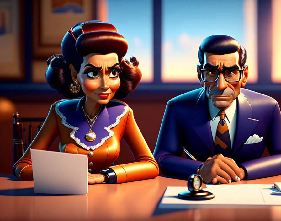 Stylized retro diner scene with woman, man, laptop, and papers